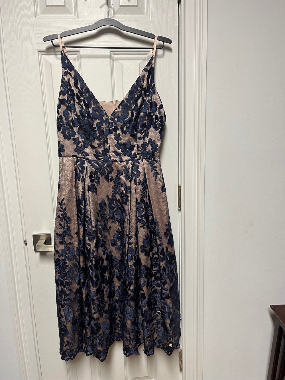 Eliza J Navy Floral Lace Midi Dress on Nude Base